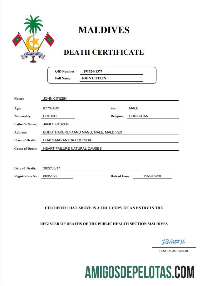Para baixar modelo Word e PDF de certidão de óbito de registro vital das Maldivas